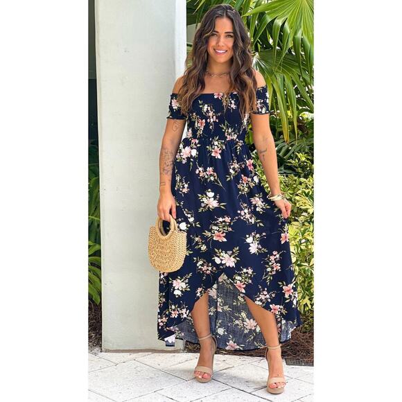 J for Justify S Navy Blue Pink Floral SMOCKED Off the Shoulder High Low Dress - Picture 1 of 12